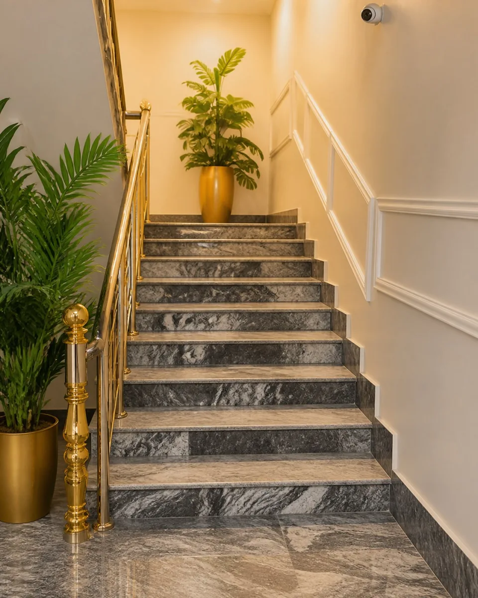 Editorial view of the plant-lined marble-pattern staircase at Ternopil Dew.