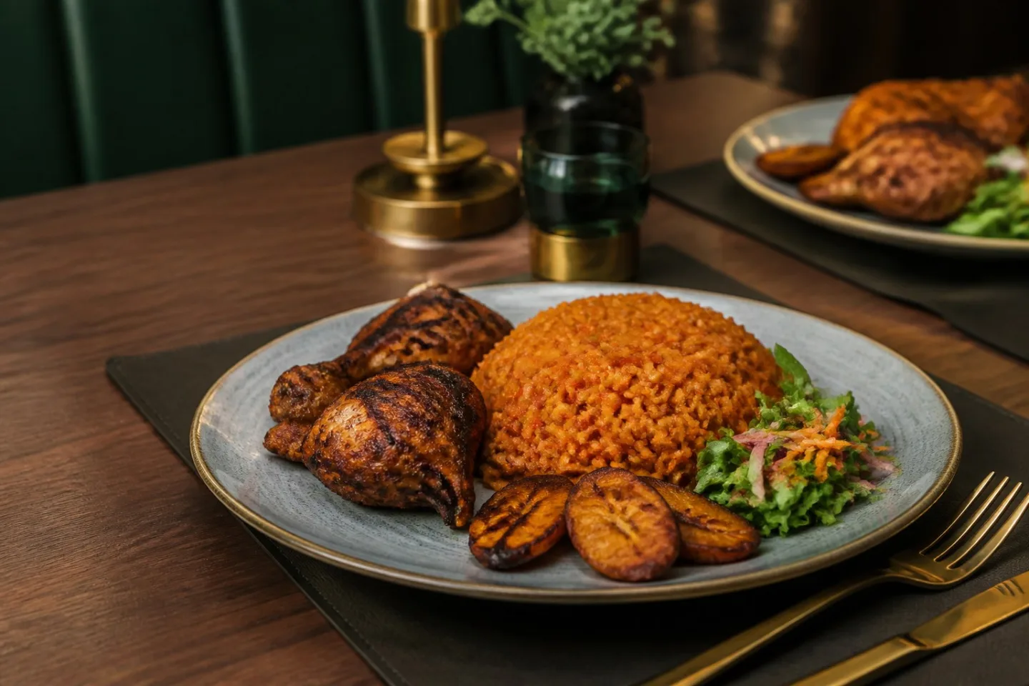 A contemporary Nigerian meal presented for hotel dining.