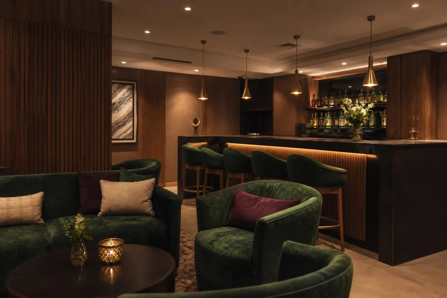 Editorial interpretation of a warm indoor hotel bar and lounge.
